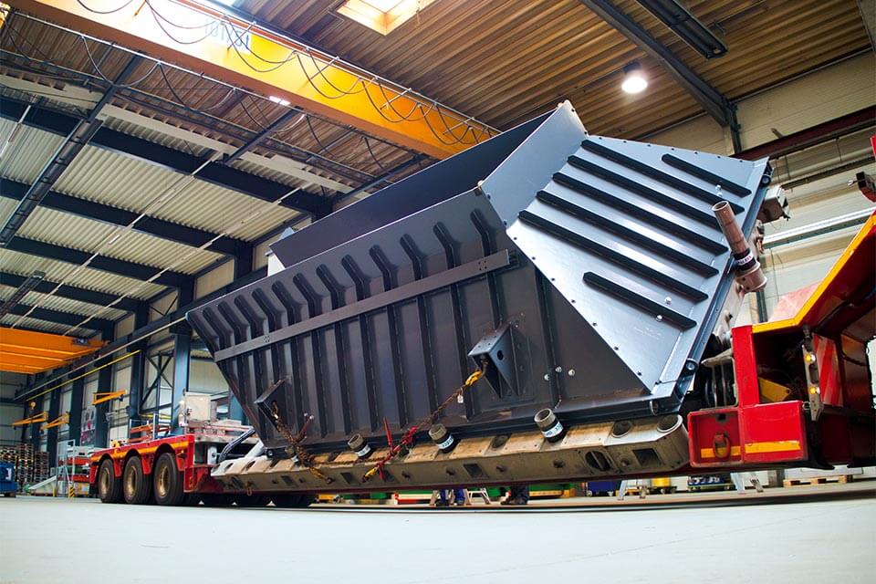 Large infeed hopper ready for transport to recycling plant