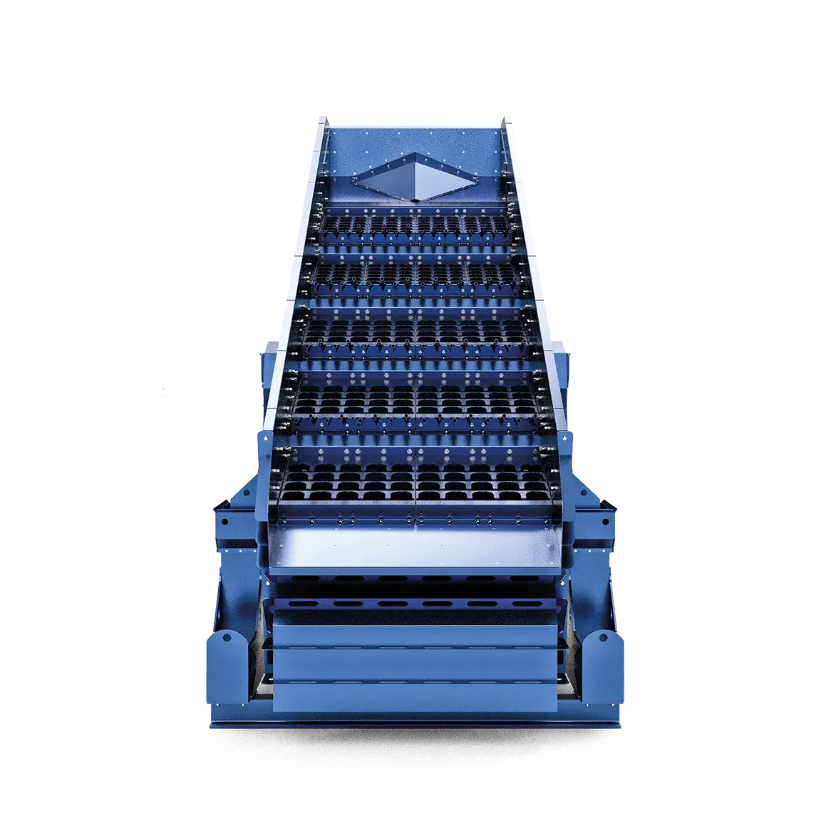 Industrial screening machine in blue, suitable for wet material.
