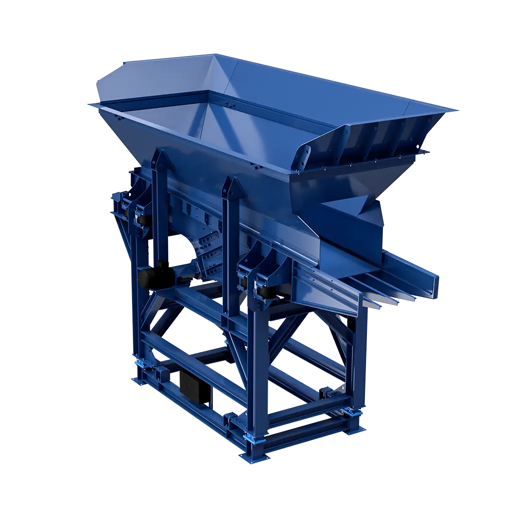 Blue infeed hopper for material feeding in the recycling industry.
