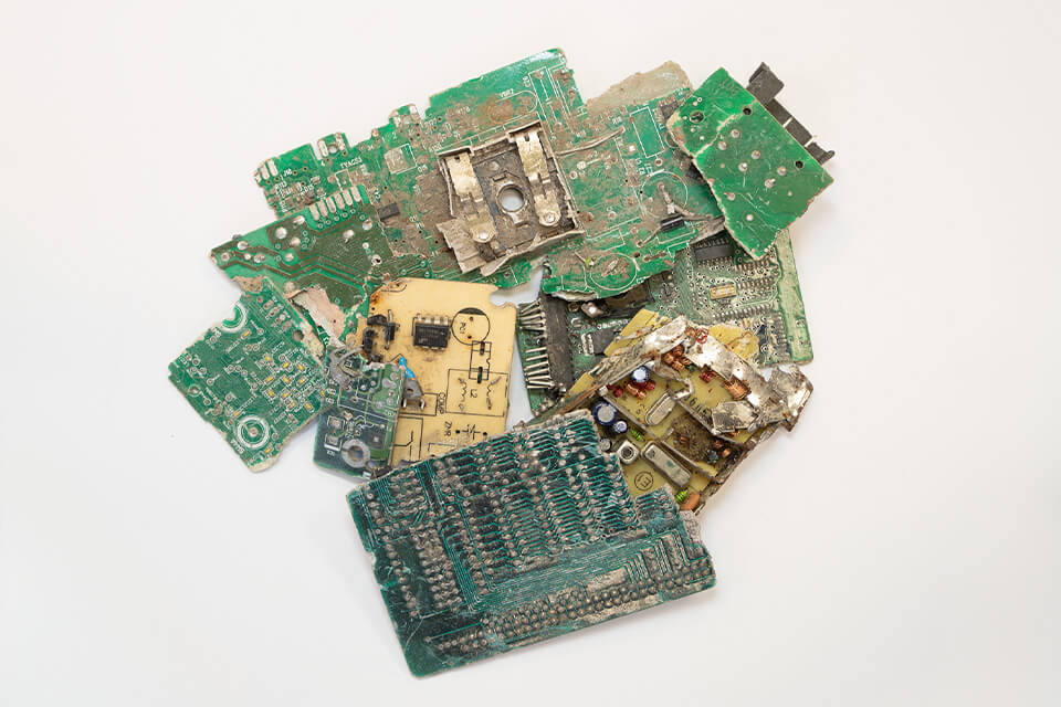 Old circuit boards for metal recycling on a white background.