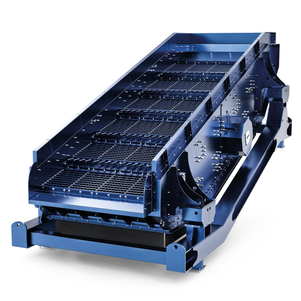 SPALECK Vibrating Screen for Recyclables as an animation. The screen decks are modularly adapted to the customer's material. The model shown is mounted on a counter-swing frame.