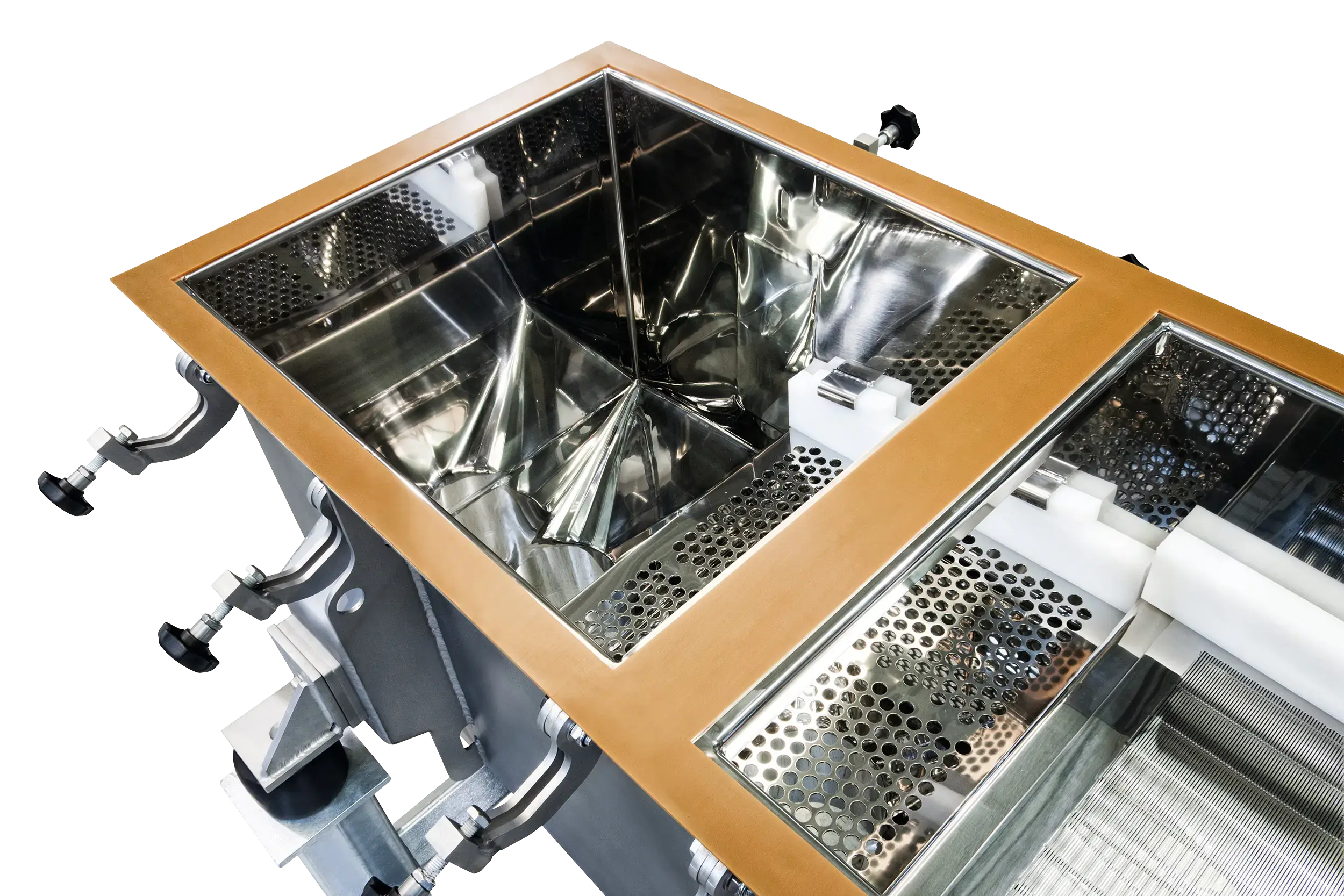 Stainless steel industrial equipment for metalworking with mesh elements.