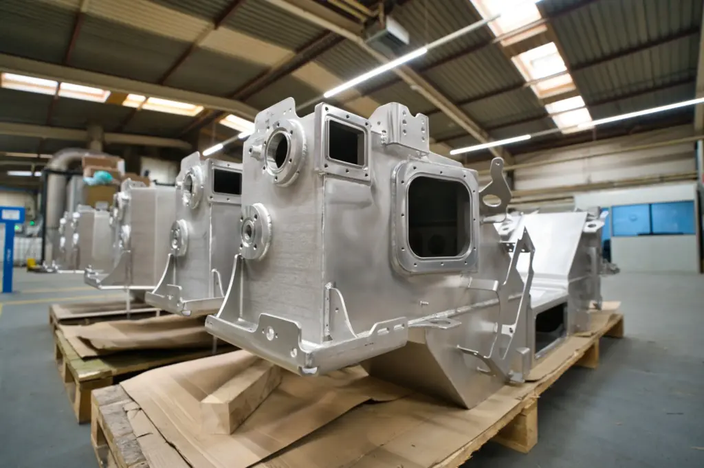 Large metal assemblies on pallets in a factory building.