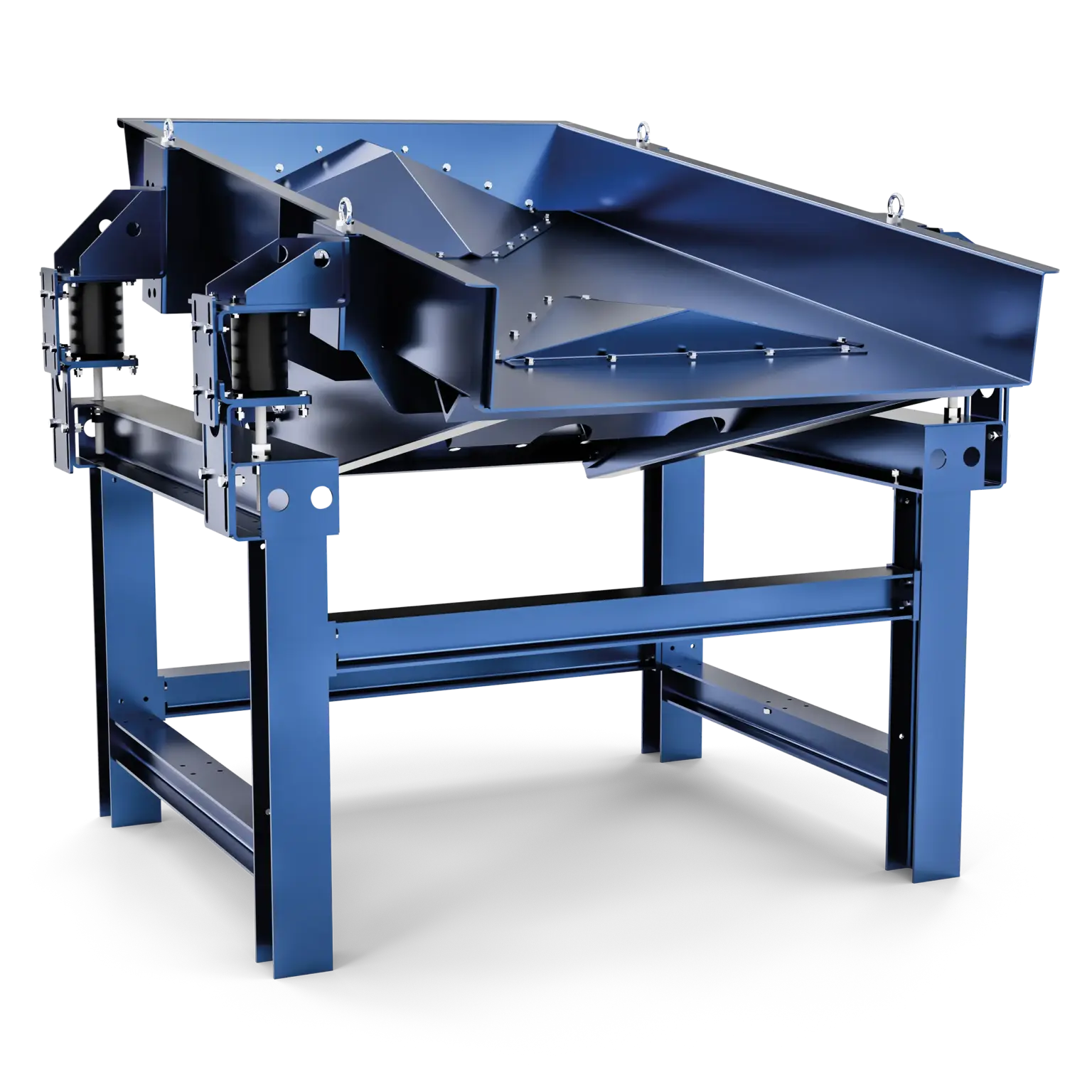Industrial vibrating chute for material conveyance, shown in blue on a black background.