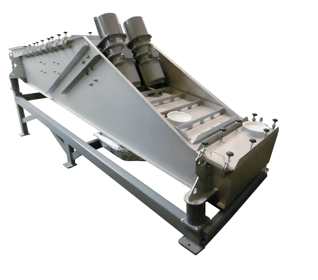 Industrial vibrating conveyor with two motors for material handling.