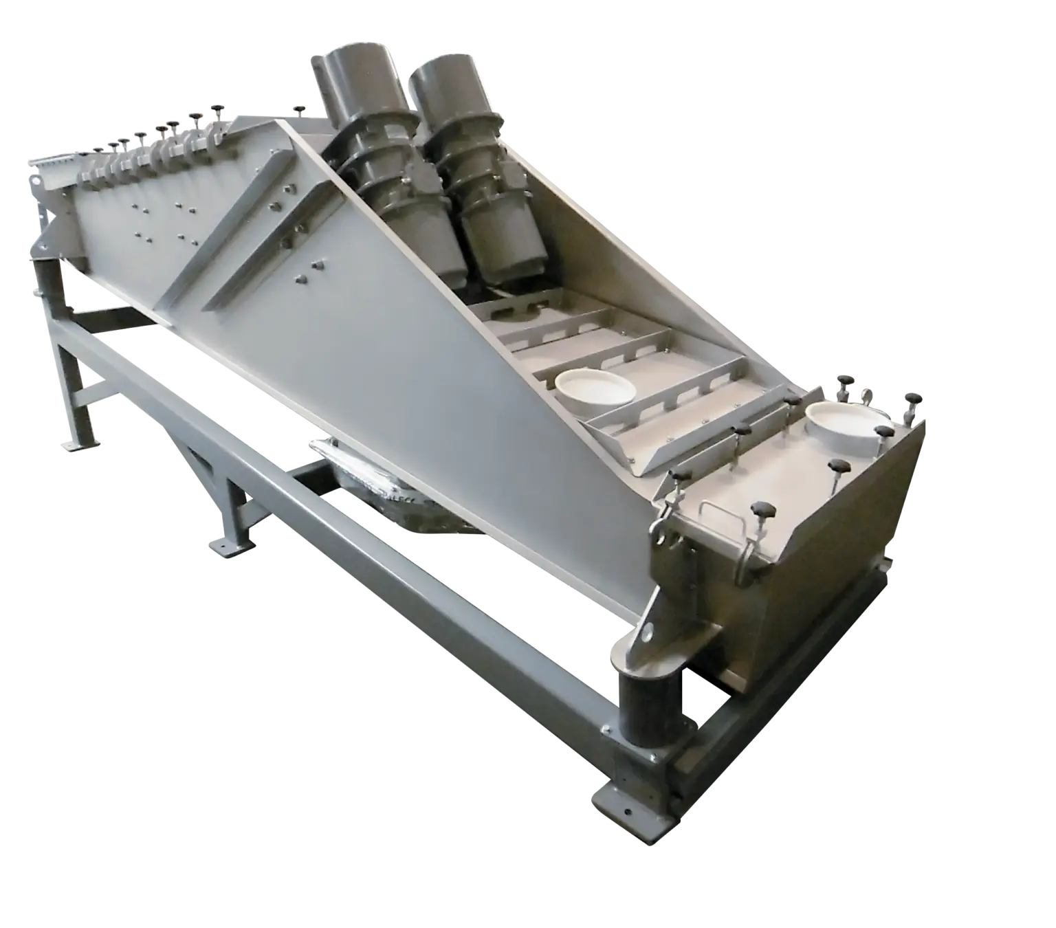 Industrial vibrating conveyor with two motors for material handling.