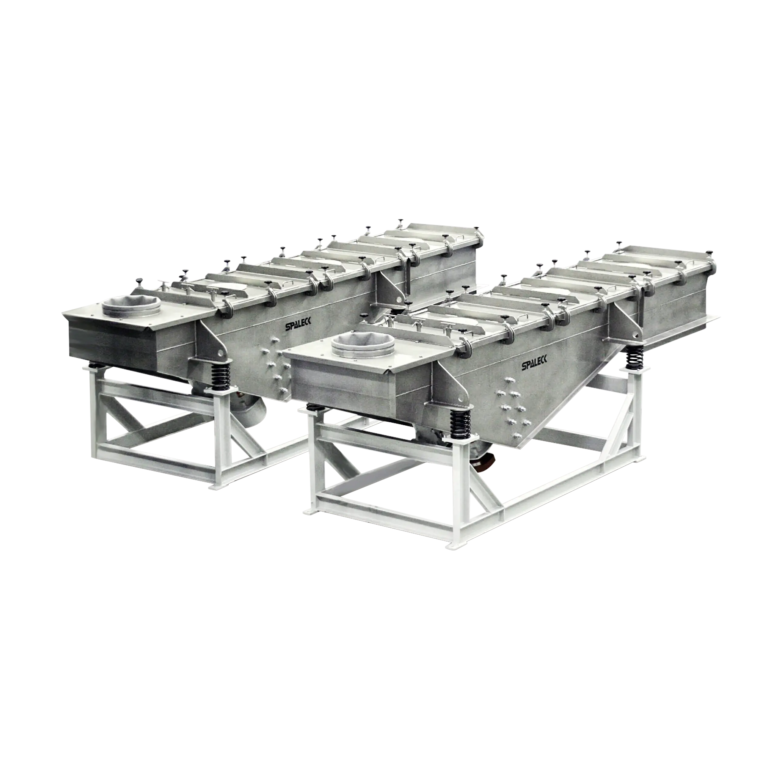 Two vibrating chutes for feeding granules and plastic powder