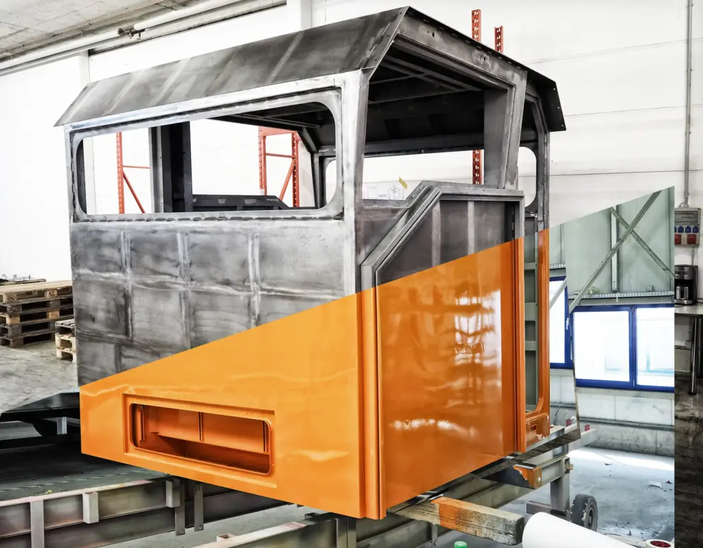 Metal fabrication with partial SURFACE FINISHING in a workshop.