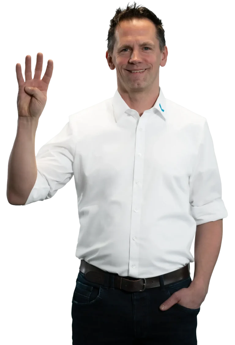 A man in a white shirt holds up four fingers.