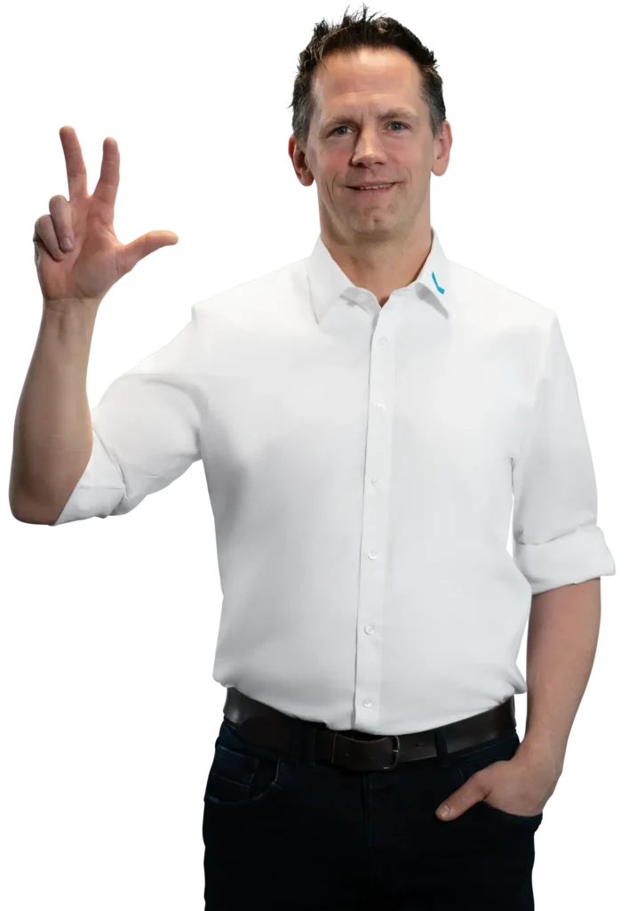 A man in a white shirt makes a hand gesture; industrial and process water treatment.