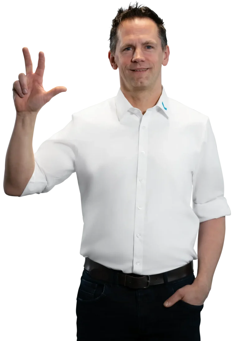 A man in a white shirt makes a hand gesture; industrial and process water treatment.