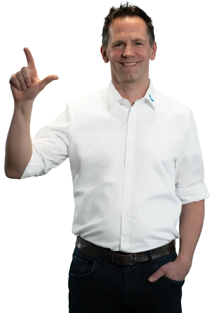 A man in a white shirt is gesturing with his hands.