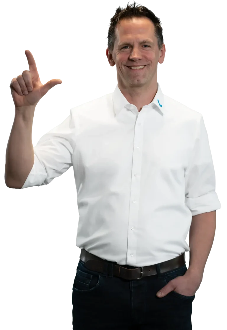 A man in a white shirt is gesturing with his hands.