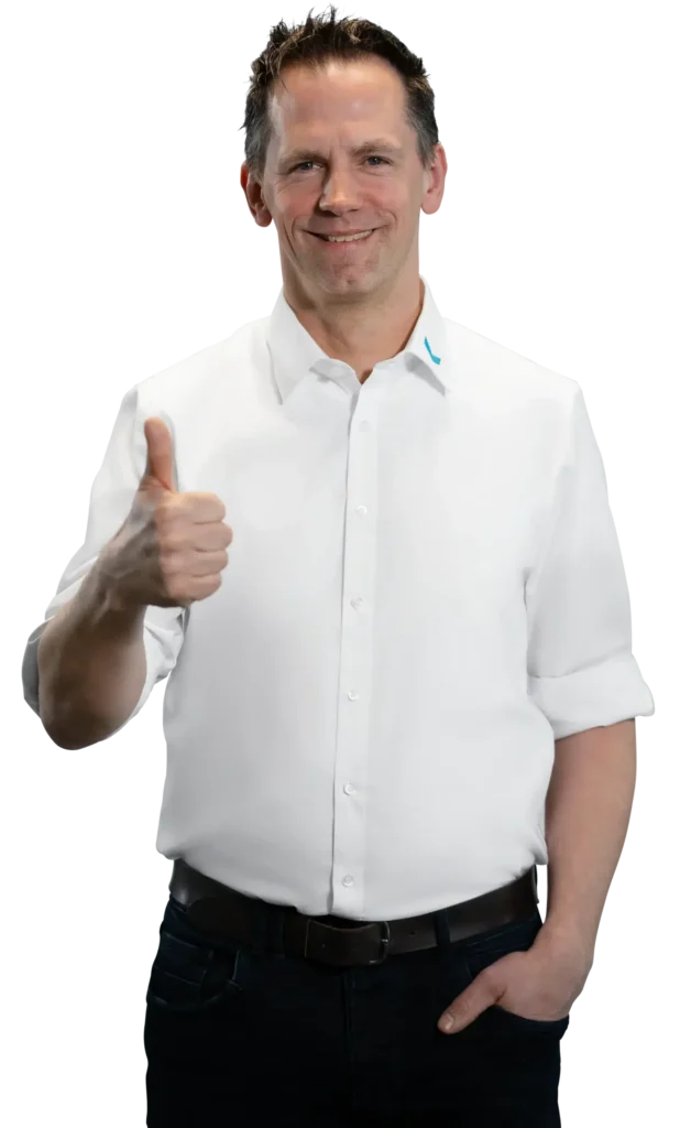 A man in a white shirt gives a thumbs-up; industrial and process water treatment.
