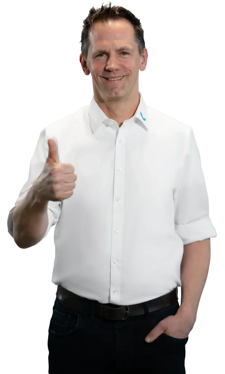 A man in a white shirt gives a thumbs-up; industrial and process water treatment.