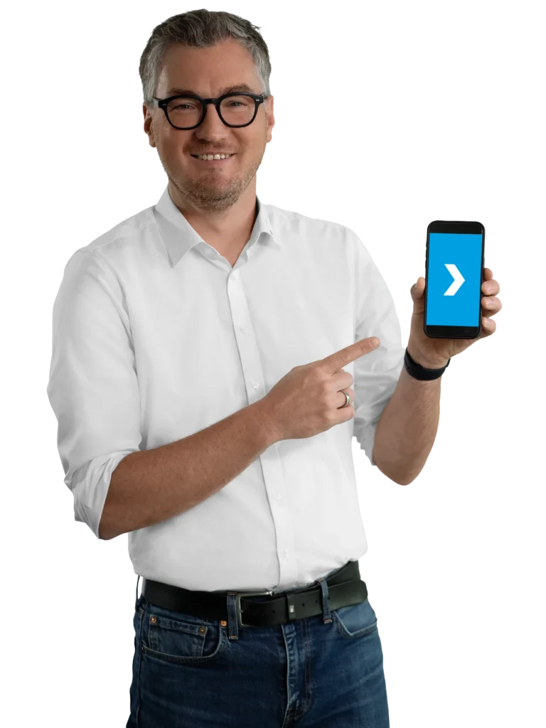 A man in a white shirt is pointing at a smartphone with a blue arrow.