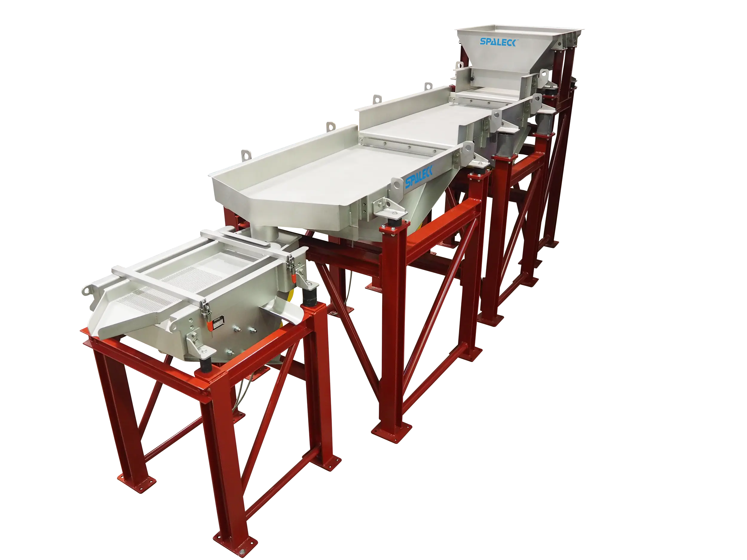 Single-deck vibrating screen with conveyor and dosing section for the pet food industry
