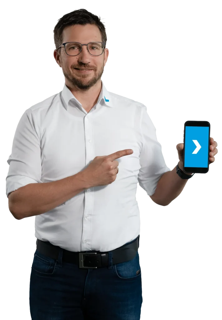 A man points to a smartphone with an arrow icon.