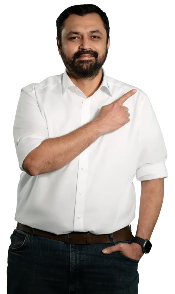 A man in a white shirt points to the side: industrial and process water treatment.