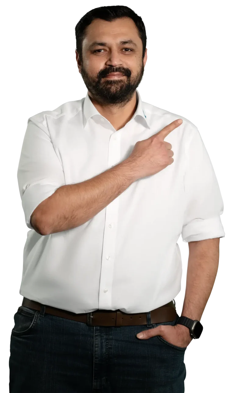 A man in a white shirt points to the side: industrial and process water treatment.