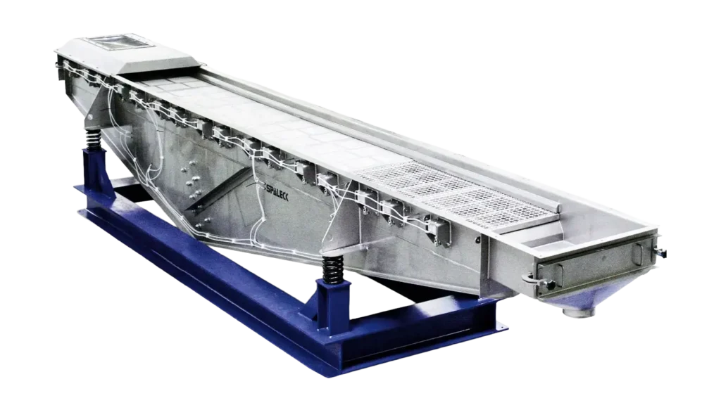 Industrial screening machine on a blue frame for quality control.