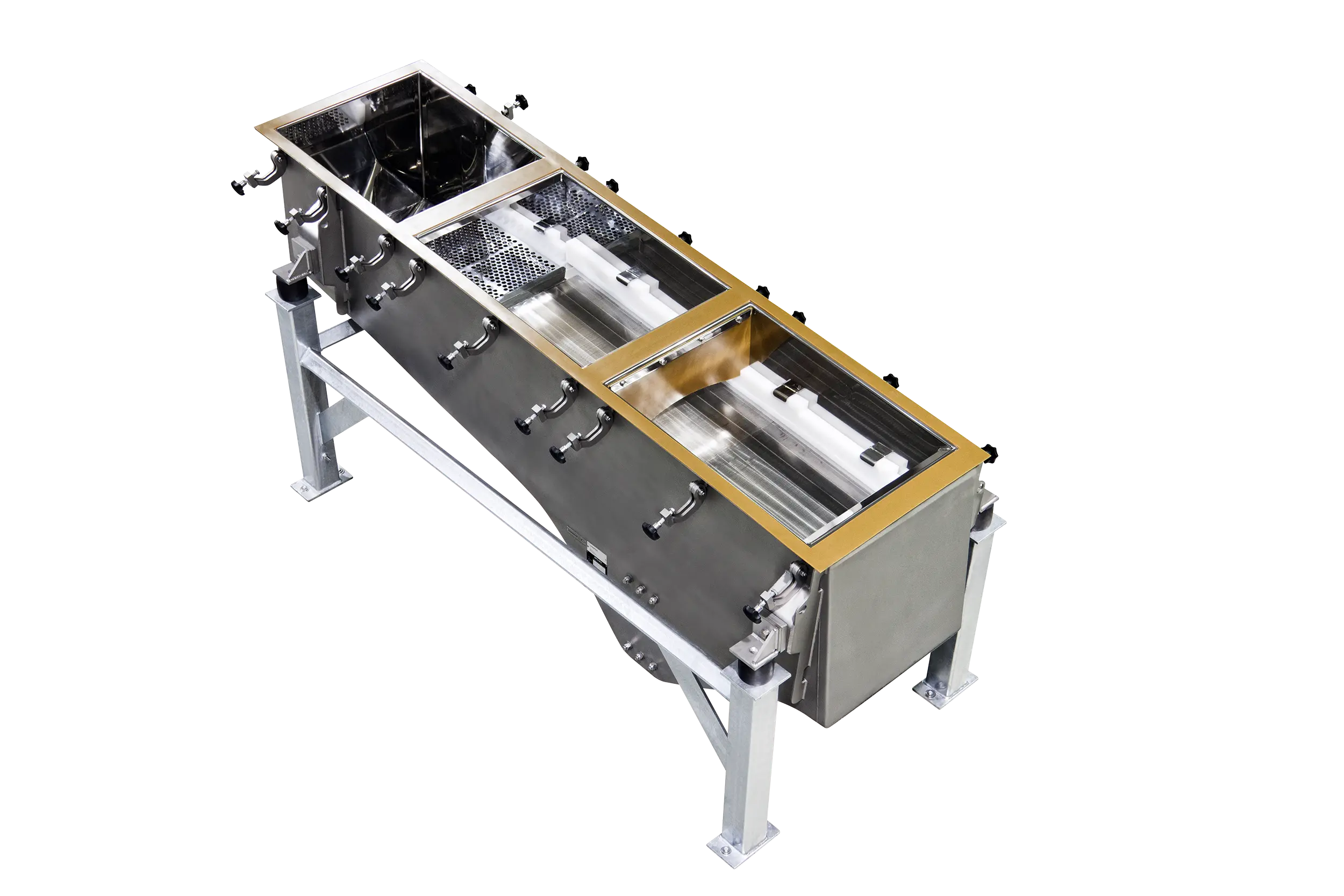 Cleanroom machine for dewatering granules with integrated screening control