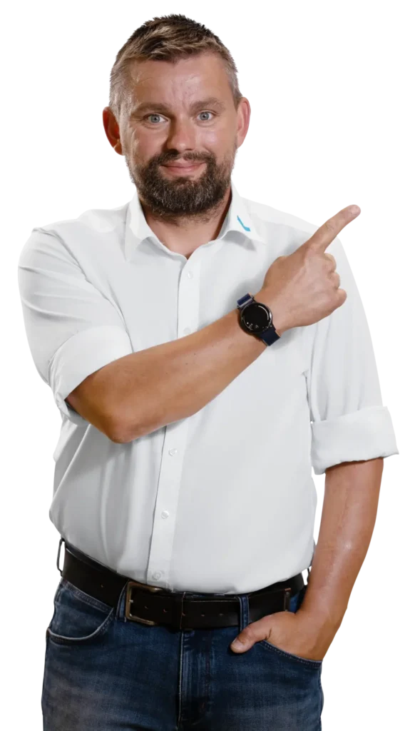 A man in a white shirt is pointing to the side.