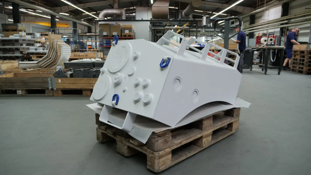 Painted welded assembly for use in special-purpose vehicles (construction vehicles) in the shipping department at the contract manufacturer SPALECK.