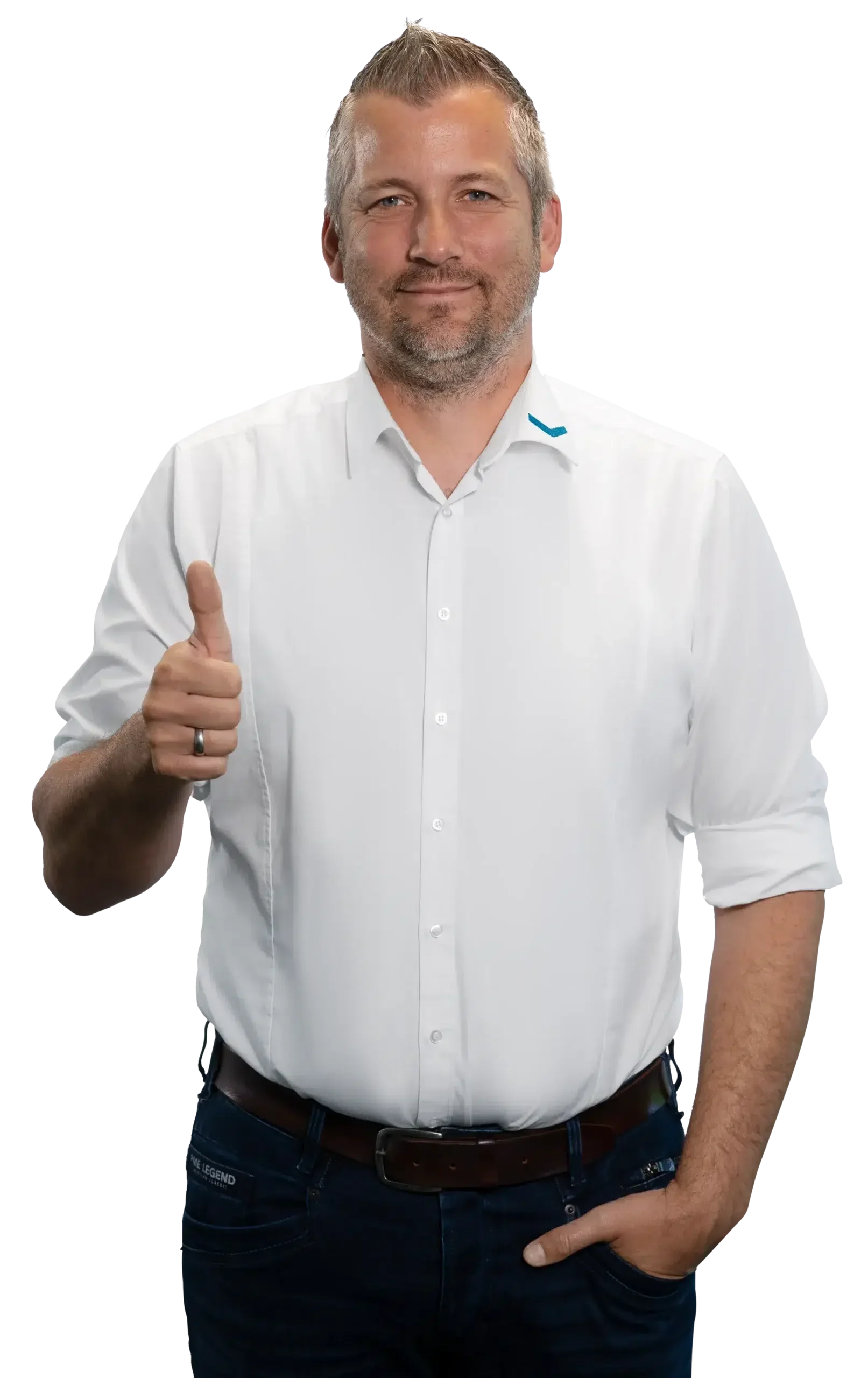 A man in a white shirt gives a thumbs-up.
